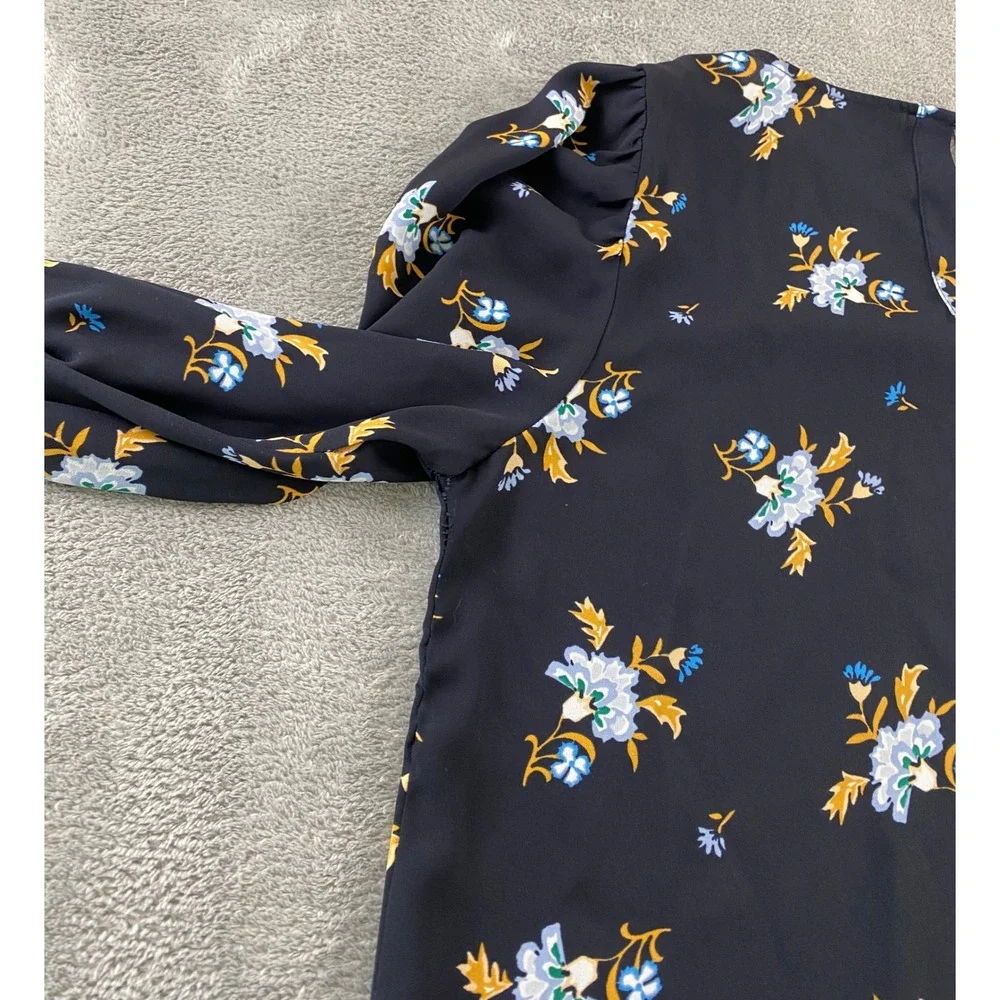 Loft Womens Navy Blue Floral Puff Sleeve Keyhole Back Blouse Top Size S